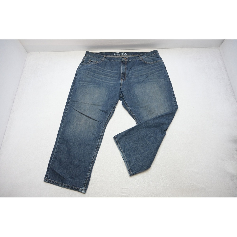 Nautica Jeans Men 50x30 Blue Denim Straight Leg Whiskered Casual Rugged